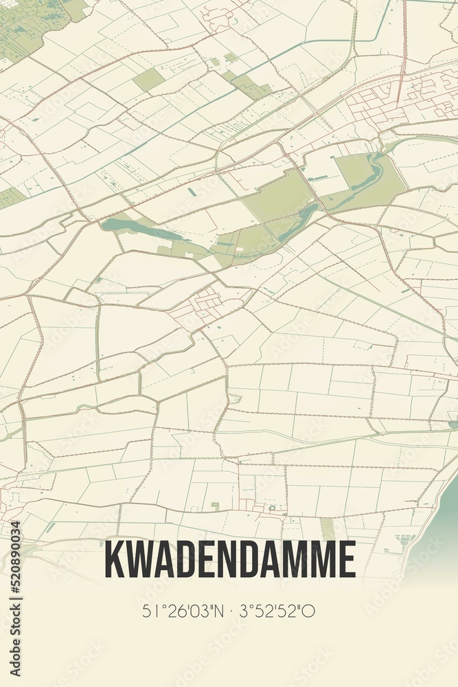 Retro Dutch city map of Kwadendamme located in Zeeland. Vintage street map.