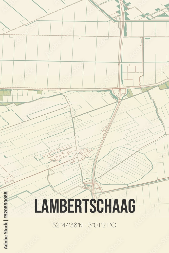 Retro Dutch city map of Lambertschaag located in Noord-Holland. Vintage street map.