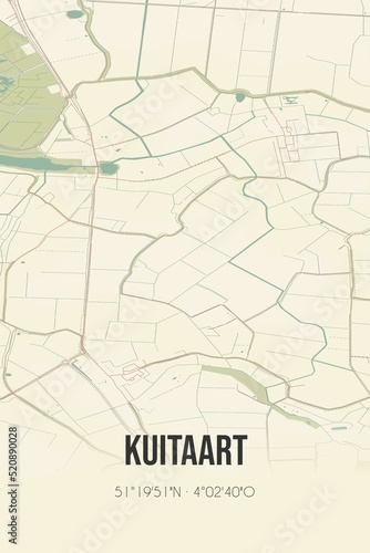 Retro Dutch city map of Kuitaart located in Zeeland. Vintage street map.