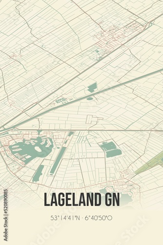 Retro Dutch city map of Lageland GN located in Groningen. Vintage street map.