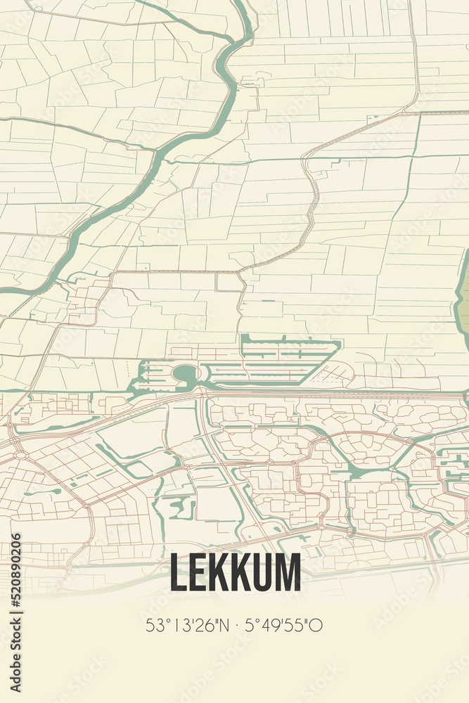 Retro Dutch city map of Lekkum located in Fryslan. Vintage street map.