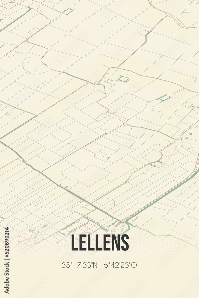 Retro Dutch city map of Lellens located in Groningen. Vintage street map.