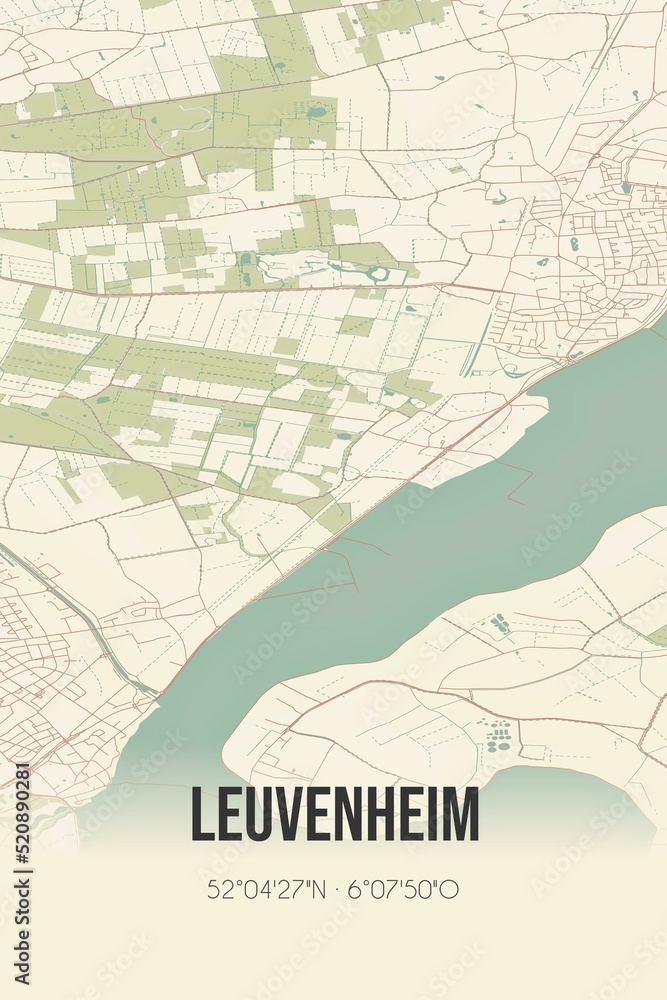Obraz premium Retro Dutch city map of Leuvenheim located in Gelderland. Vintage street map.