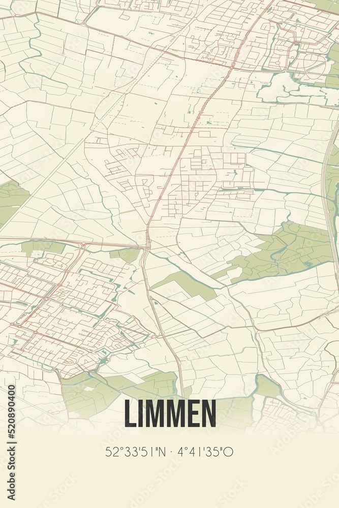 Obraz premium Retro Dutch city map of Limmen located in Noord-Holland. Vintage street map.