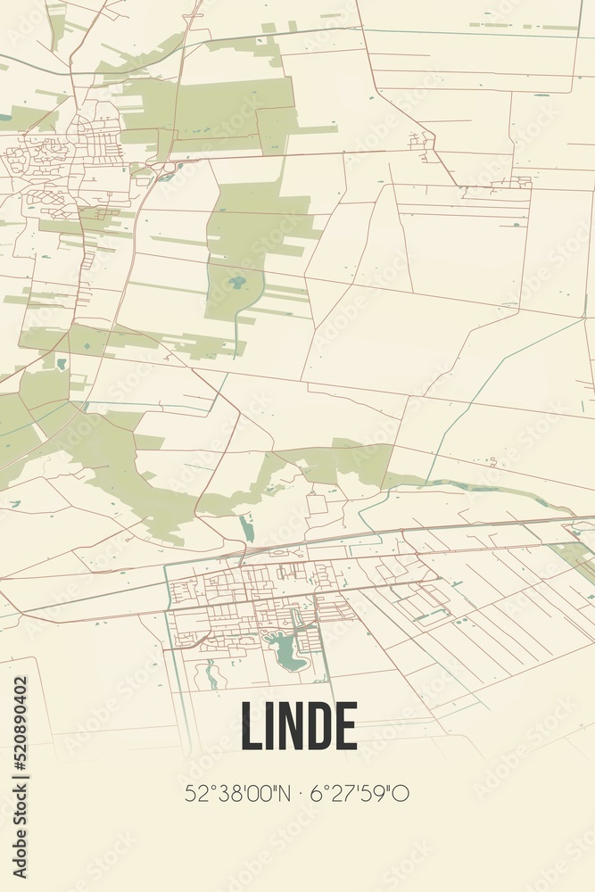 Retro Dutch city map of Linde located in Drenthe. Vintage street map.