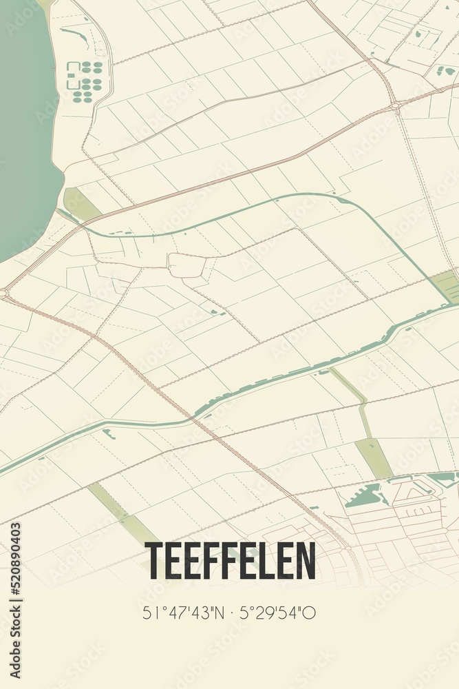 Retro Dutch city map of Teeffelen located in Noord-Brabant. Vintage street map.