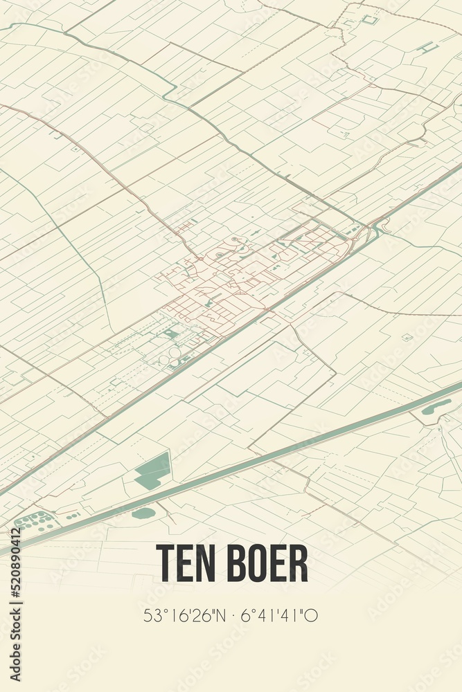 Retro Dutch city map of Ten Boer located in Groningen. Vintage street map. Retro Dutch city map of Ten Boer located in Groningen. Vintage street map.