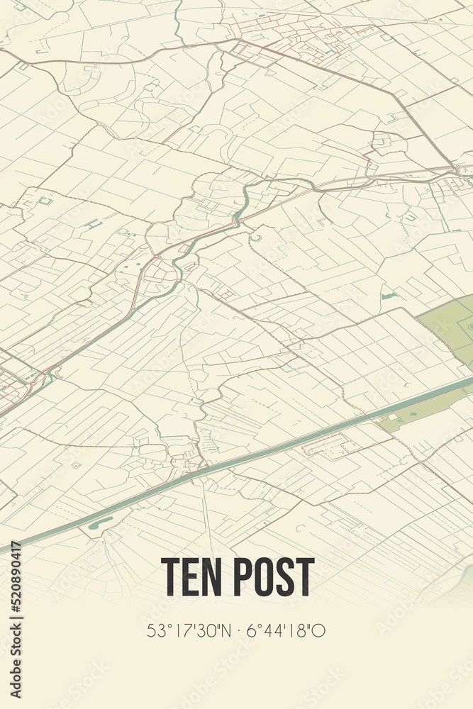 Retro Dutch city map of Ten Post located in Groningen. Vintage street map. Retro Dutch city map of Ten Post located in Groningen. Vintage street map.