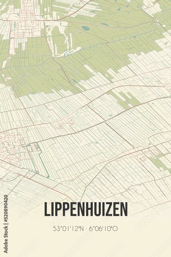Retro Dutch city map of Lippenhuizen located in Fryslan. Vintage street map.