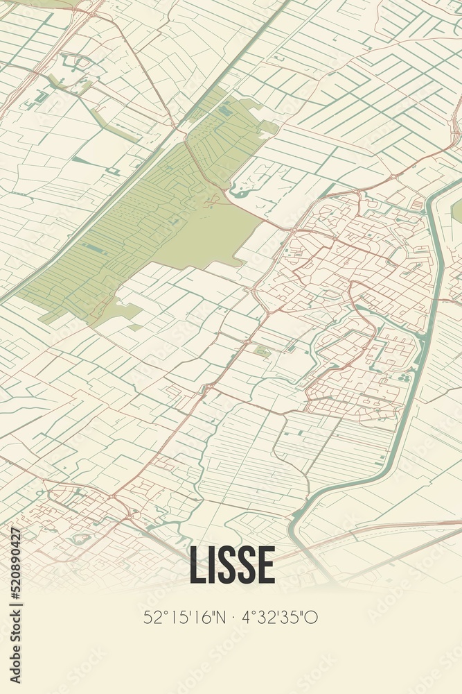 Obraz premium Retro Dutch city map of Lisse located in Zuid-Holland. Vintage street map.