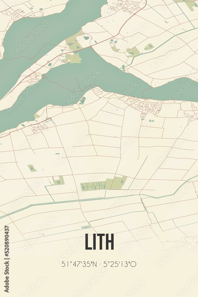 Retro Dutch city map of Lith located in Noord-Brabant. Vintage street map.