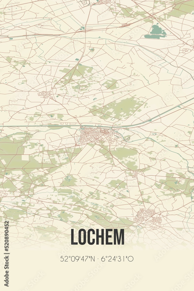 Retro Dutch city map of Lochem located in Gelderland. Vintage street map.