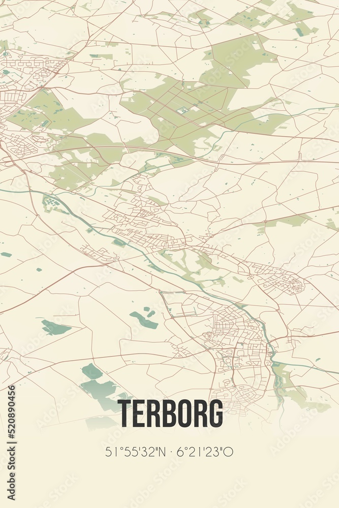 Retro Dutch city map of Terborg located in Gelderland. Vintage street map.