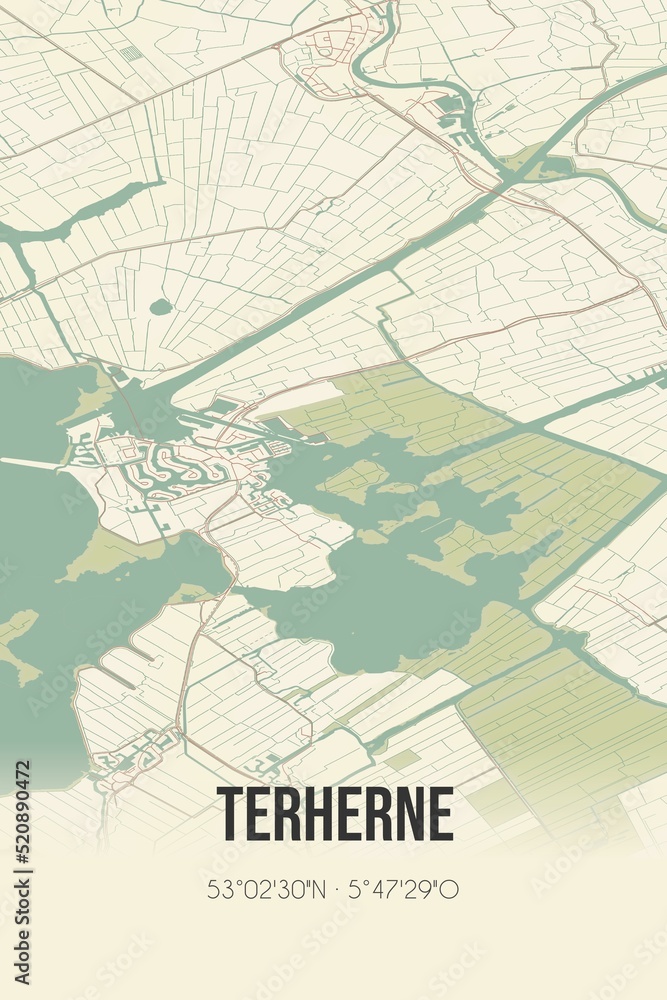 Retro Dutch city map of Terherne located in Fryslan. Vintage street map.