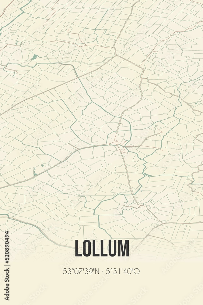 Retro Dutch city map of Lollum located in Fryslan. Vintage street map.