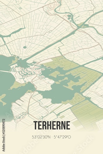 Retro Dutch city map of Terherne located in Fryslan. Vintage street map.