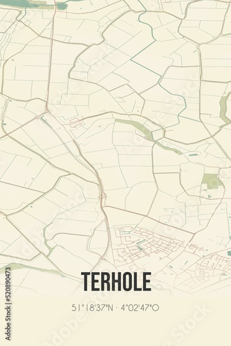Retro Dutch city map of Terhole located in Zeeland. Vintage street map.