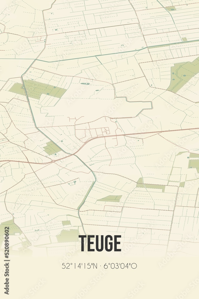 Retro Dutch city map of Teuge located in Gelderland. Vintage street map.