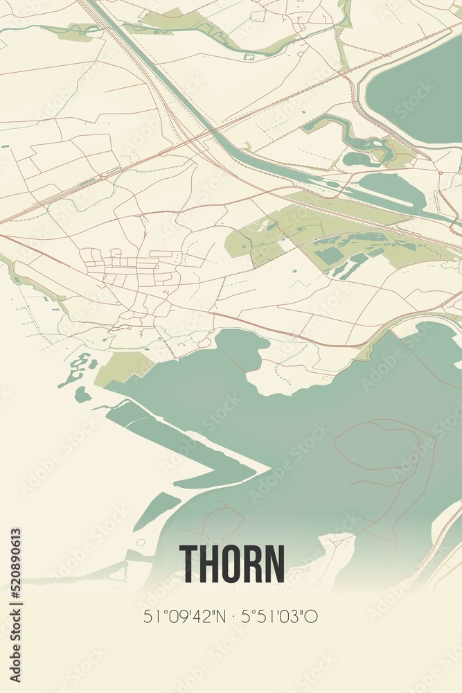 Retro Dutch city map of Thorn located in Limburg. Vintage street map.