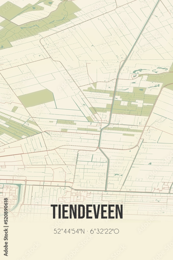 Retro Dutch city map of Tiendeveen located in Drenthe. Vintage street map. Retro Dutch city map of Tiendeveen located in Drenthe. Vintage street map.