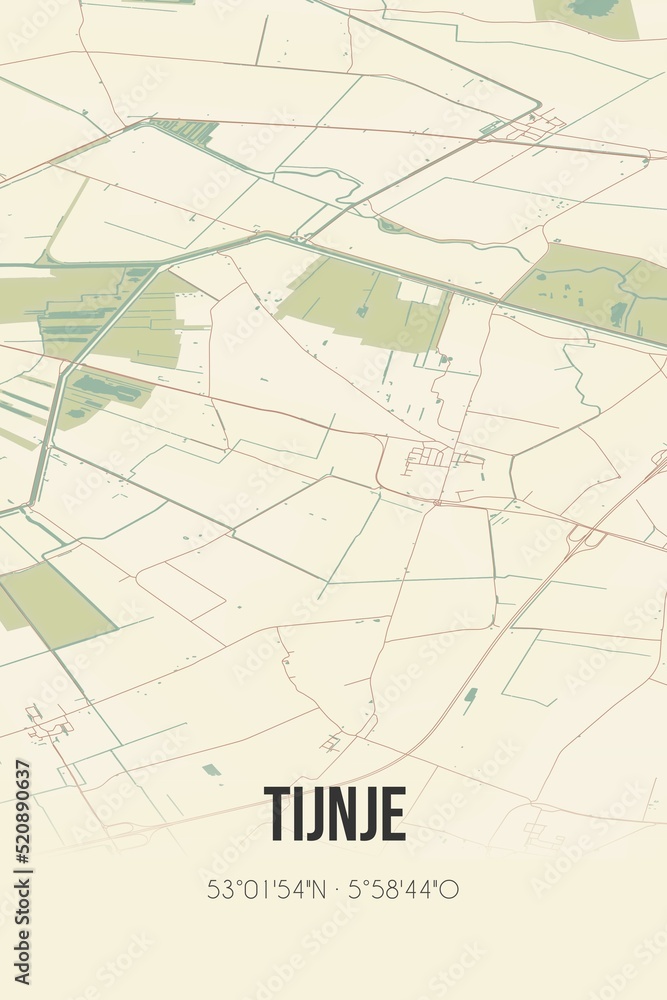 Retro Dutch city map of Tijnje located in Fryslan. Vintage street map.