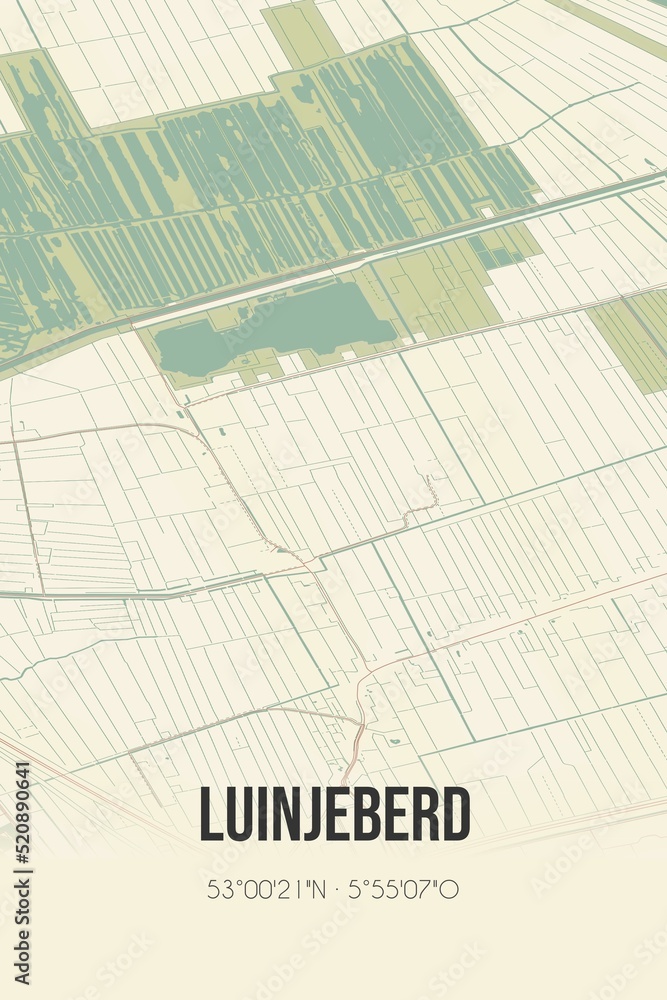 Fototapeta premium Retro Dutch city map of Luinjeberd located in Fryslan. Vintage street map.
