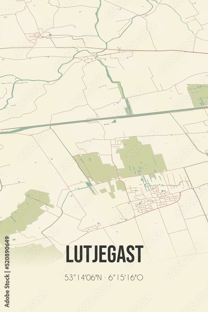 Retro Dutch city map of Lutjegast located in Groningen. Vintage street map.