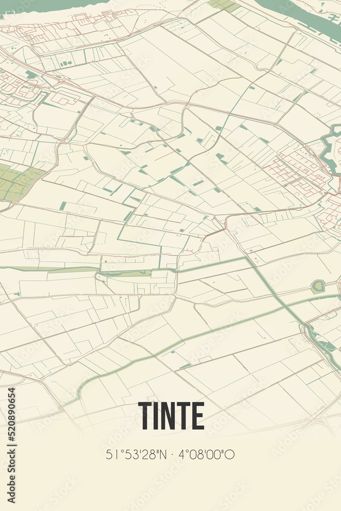 Retro Dutch city map of Tinte located in Zuid-Holland. Vintage street map.