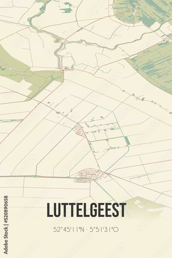 Retro Dutch city map of Luttelgeest located in Flevoland. Vintage street map.