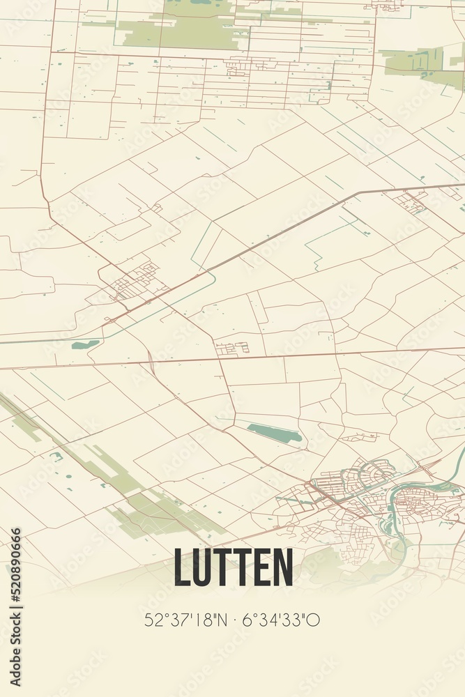 Retro Dutch city map of Lutten located in Overijssel. Vintage street map.