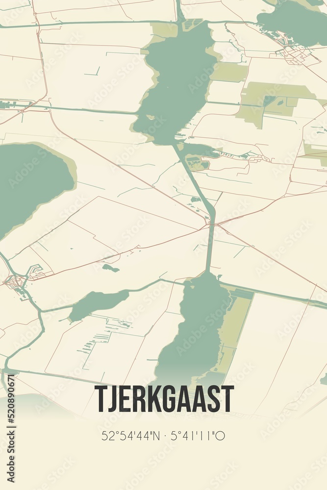 Retro Dutch city map of Tjerkgaast located in Fryslan. Vintage street map.