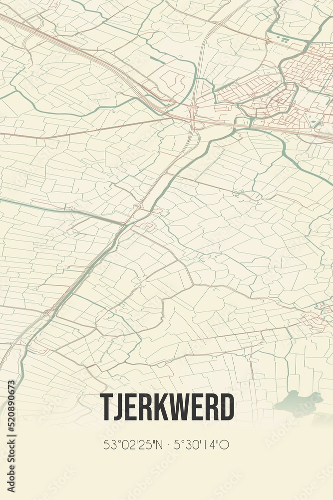 Retro Dutch city map of Tjerkwerd located in Fryslan. Vintage street map.