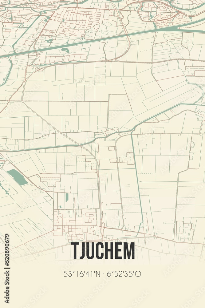 Retro Dutch city map of Tjuchem located in Groningen. Vintage street map.