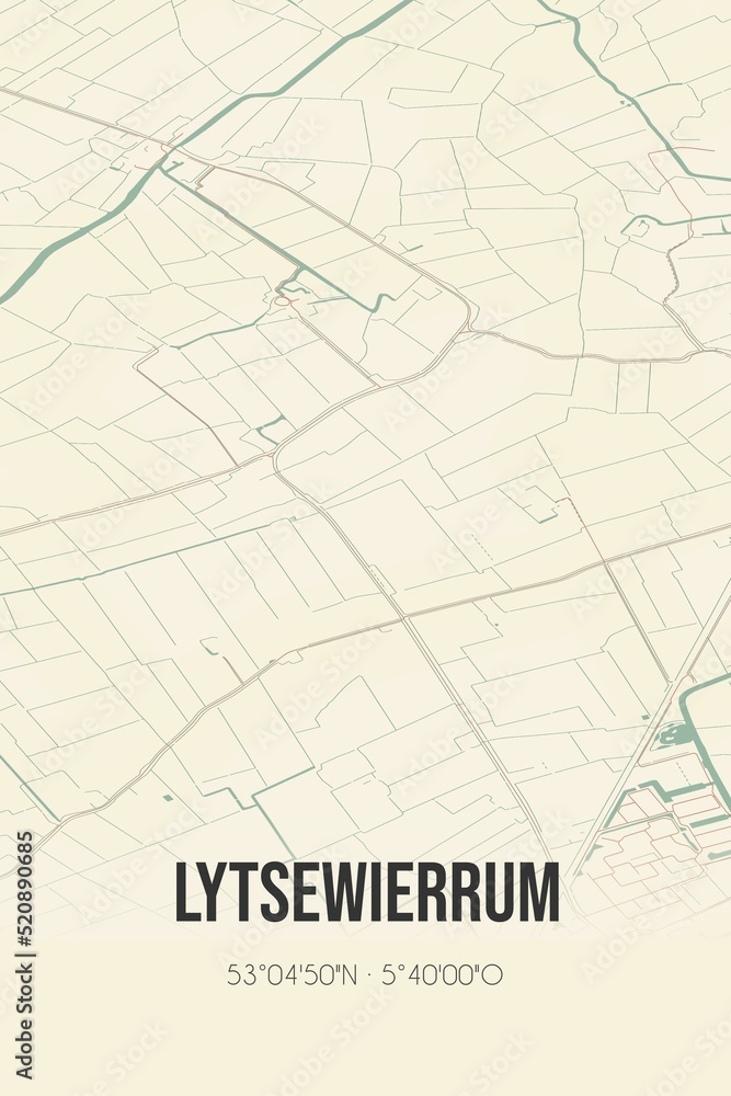 Retro Dutch city map of Lytsewierrum located in Fryslan. Vintage street map.