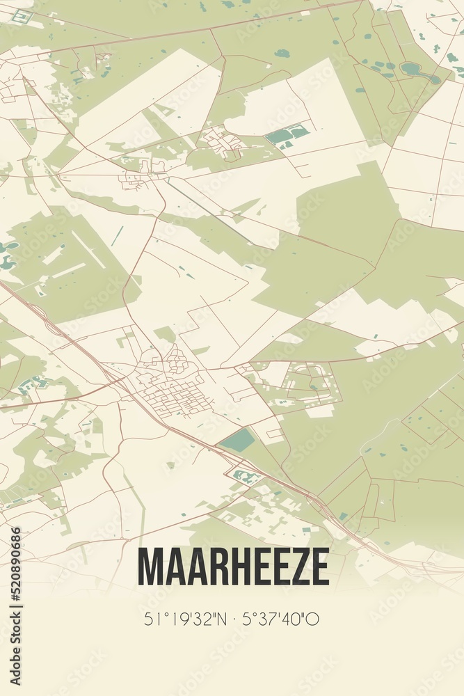 Retro Dutch city map of Maarheeze located in Noord-Brabant. Vintage street map.