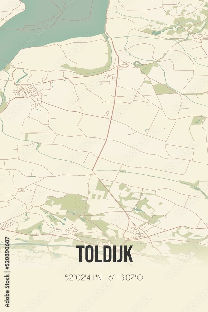 Retro Dutch city map of Toldijk located in Gelderland. Vintage street map.