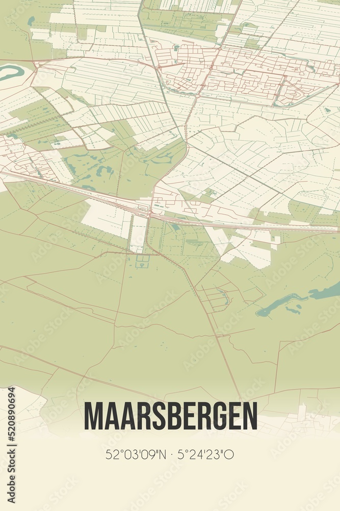 Retro Dutch city map of Maarsbergen located in Utrecht. Vintage street map.