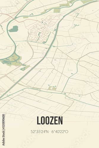 Retro Dutch city map of Loozen located in Overijssel. Vintage street map.