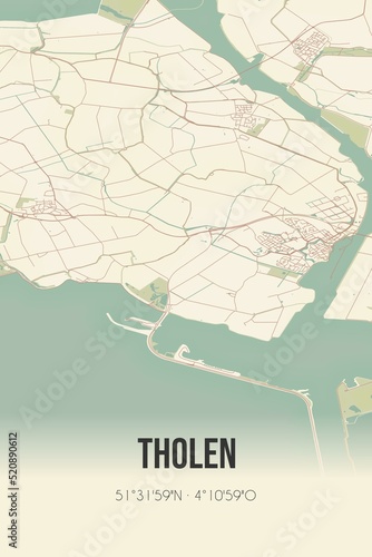 Retro Dutch city map of Tholen located in Zeeland. Vintage street map.
