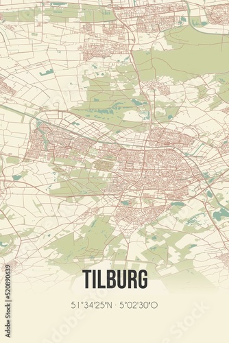 Retro Dutch city map of Tilburg located in Noord-Brabant. Vintage street map.