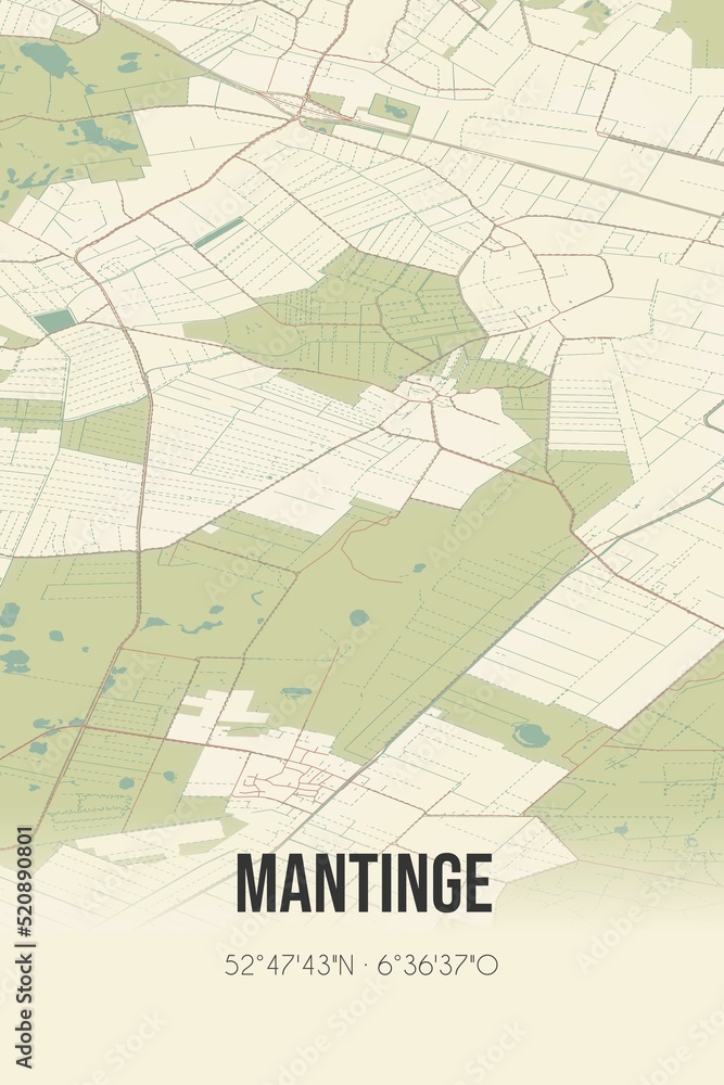 Retro Dutch city map of Mantinge located in Drenthe. Vintage street map.