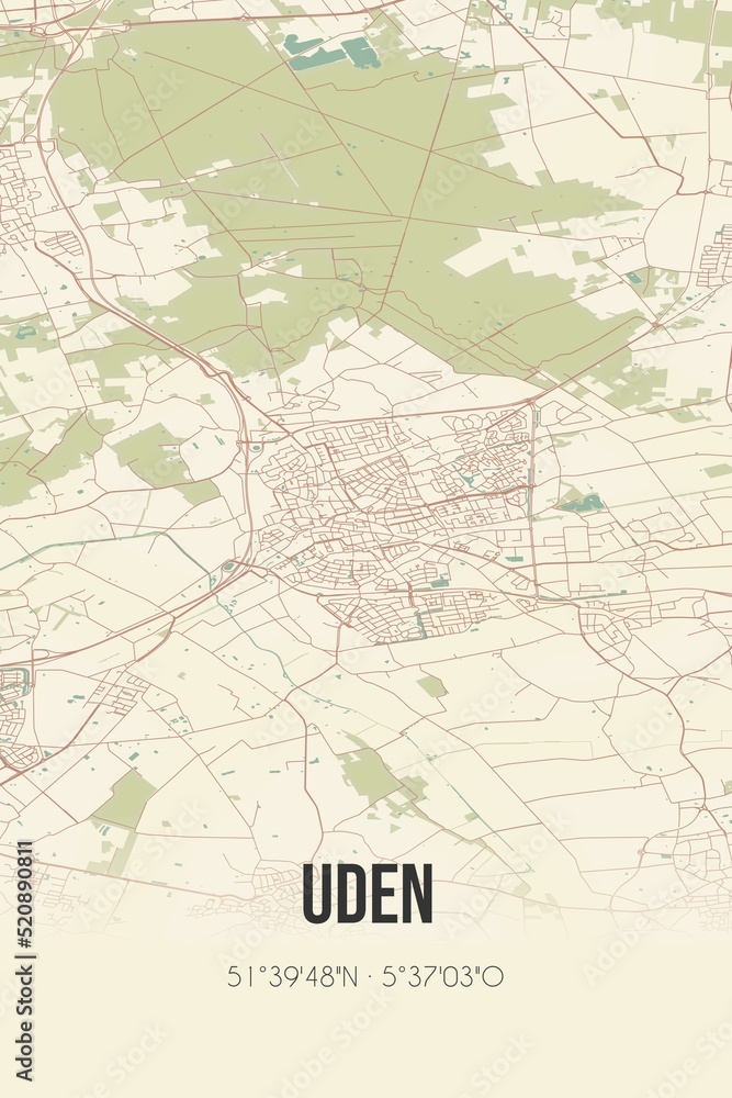 Fototapeta premium Retro Dutch city map of Uden located in Noord-Brabant. Vintage street map.