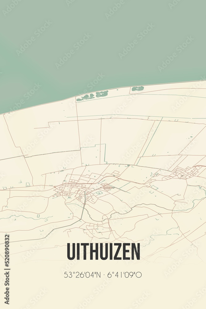 Retro Dutch city map of Uithuizen located in Groningen. Vintage street map. Retro Dutch city map of Uithuizen located in Groningen. Vintage street map.