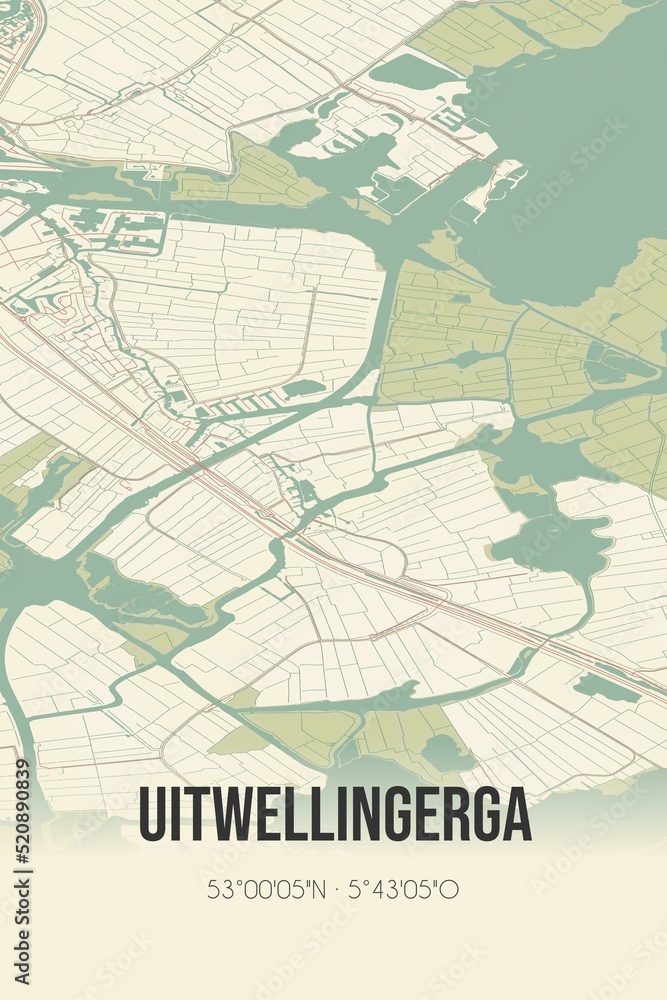 Retro Dutch city map of Uitwellingerga located in Fryslan. Vintage street map. Retro Dutch city map of Uitwellingerga located in Fryslan. Vintage street map.