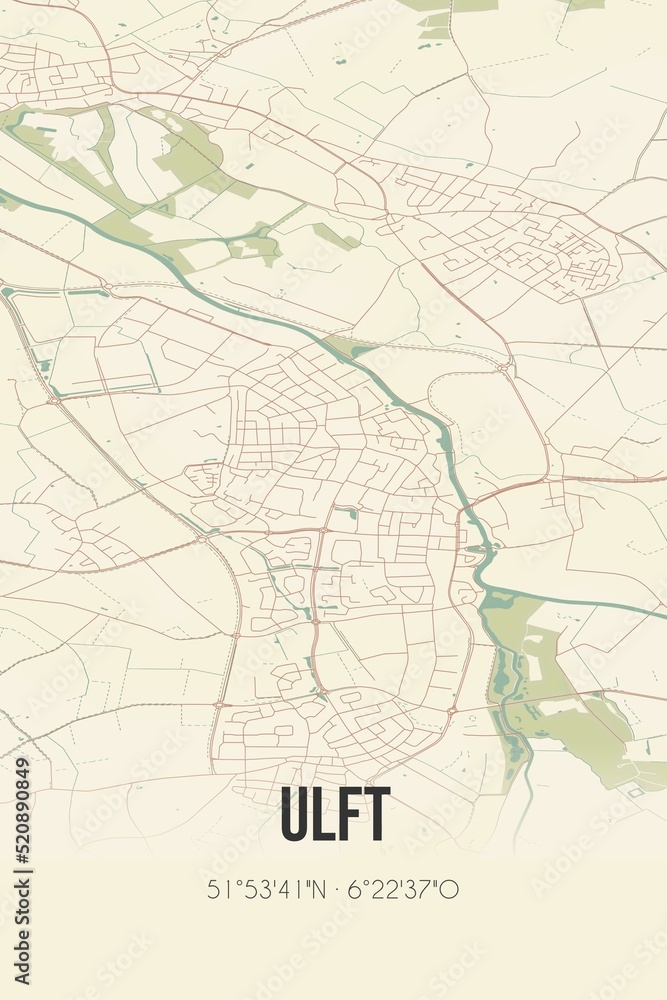 Retro Dutch city map of Ulft located in Gelderland. Vintage street map.