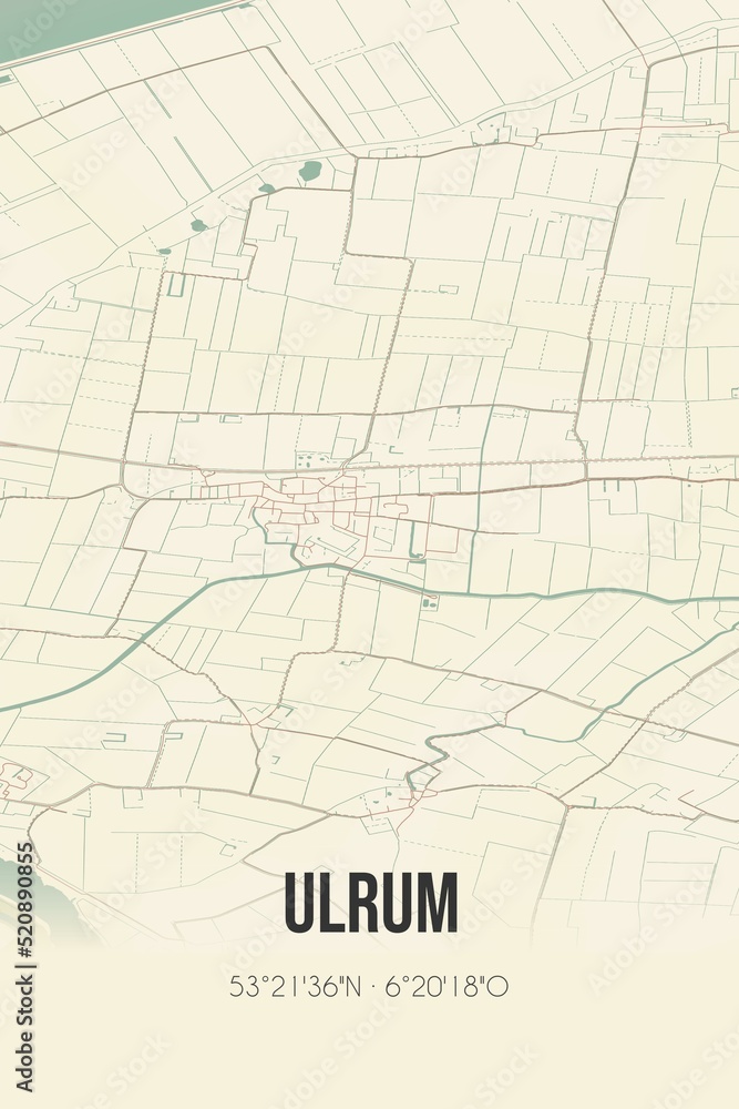 Retro Dutch city map of Ulrum located in Groningen. Vintage street map.