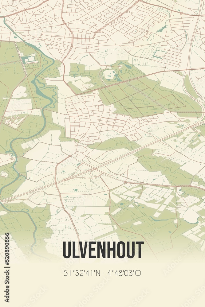 Obraz premium Retro Dutch city map of Ulvenhout located in Noord-Brabant. Vintage street map.