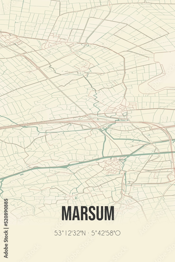 Retro Dutch city map of Marsum located in Fryslan. Vintage street map.