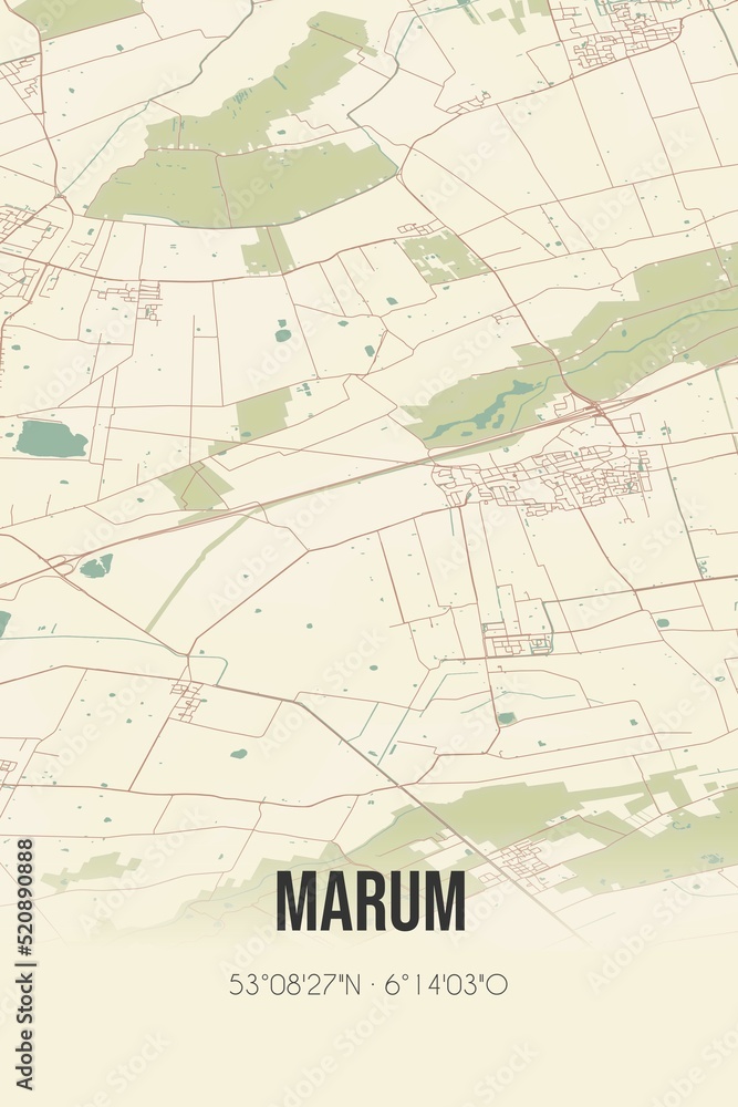 Retro Dutch city map of Marum located in Groningen. Vintage street map.
