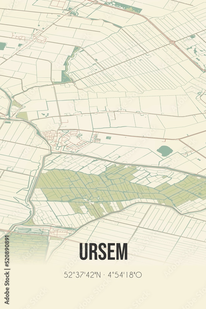 Retro Dutch city map of Ursem located in Noord-Holland. Vintage street map.